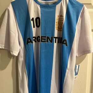 Argentina Messi Blue and White Striped Soccer Jersey with Gold Crest #10